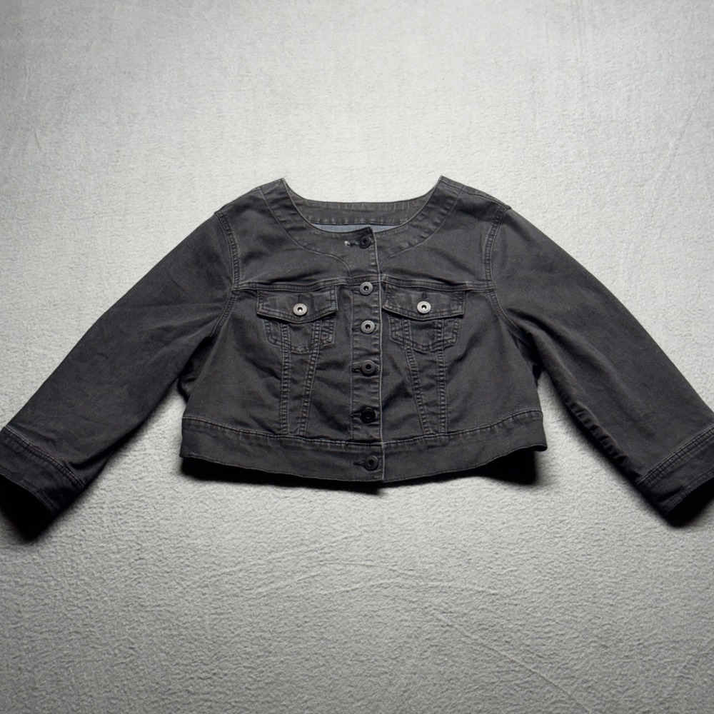 Torrid Black Cropped Denim Jacket Plus Size 1 Collarless Stretch Button Up Short